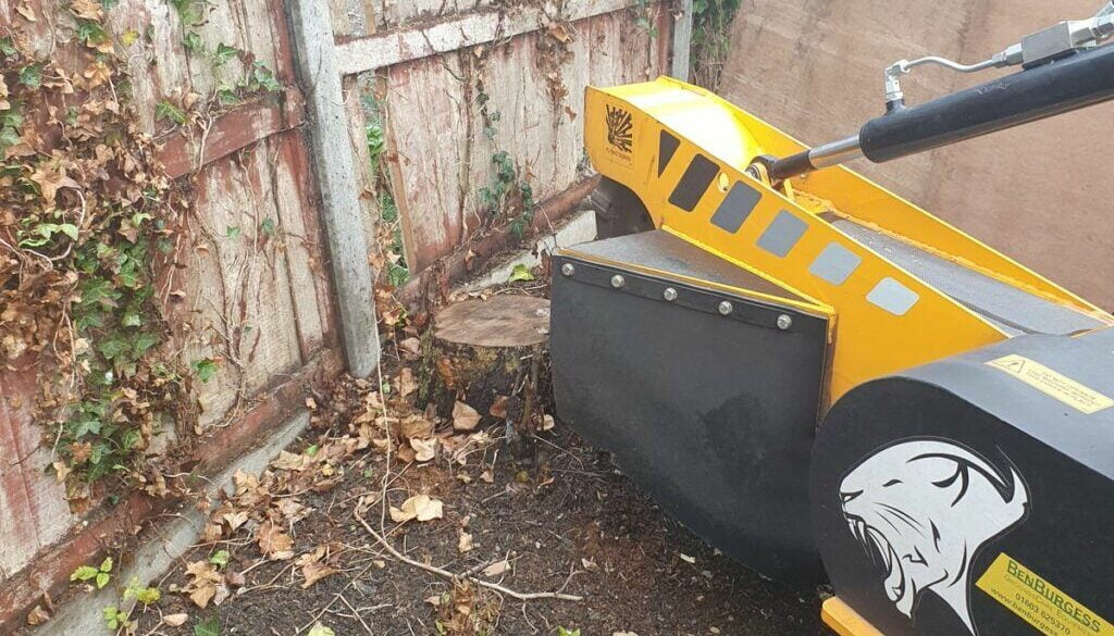 Tree stump grinding at Panfield near Braintree, Essex. This particular tree stump was pushing the fencepost over, so the…